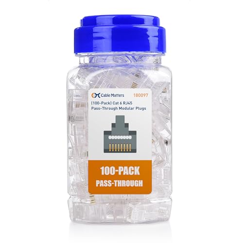 Cable Matters 100-Pack Cat 6 Pass Through RJ45 Connectors (Cat 6 Ends / Cat6 Connector / RJ45 Modular Plugs/Ethernet Plugs/Network Connector) for Solid or Stranded UTP Ethernet Cable