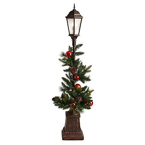 Nearly Natural 5ft. Holiday Decorated Lamp Post with Artificial Christmas Greenery, Ornaments and 50 LED Lights, Indoor Outdoor Patio Porch Décor