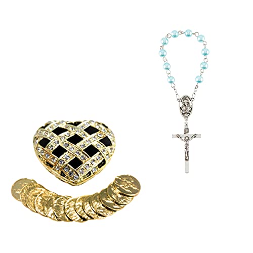 H Holy Lines Gold Heart Rhinestone Lattice Arras de Boda Case Coins and Rosary, Set de Regalo Oro en Forma de Corazón Diamante de Imitación Celosía Arras de Boda Caso Monedas Rosario de la Novia