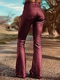 Flamingals Bootcut PU Leather High Waist Flare Legs Vintage Pocket Pants Winter Trendy Red 3XL