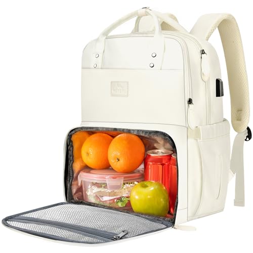MATEIN Womens Backpack with Lunch Box, 17 Inch Laptop Backpack with Cooler Compartment for Lunch Containers, Large Computer Backpack for Travel Work College Daily, Gift Choice for Her, Beige