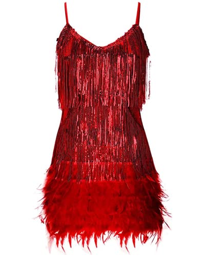 Women's Sequin Cocktail Dresses 1920s Flapper Dress Gatsby Fringe Mini Dresses Feather Prom Party Dress(A-Red,S)