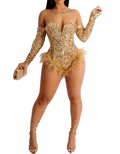 Figdaw Rhinestone Sequin Bodysuit Sexy Feather Trim Romper Birthday Photoshoot Outfits for Women Party Club Night,Gold,XXL,C6228