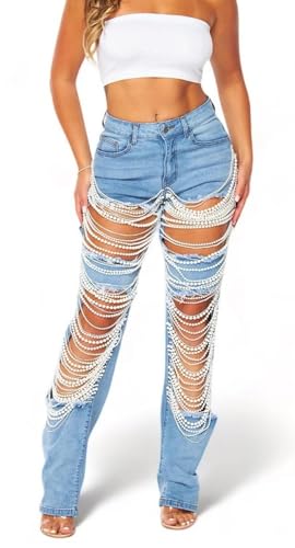 lovecarnation Cut Out Jeans for Women Straight Leg Mid Waisted Ripped Rhinestone Pearl Beaded Denim Pants YMT323 Blue L