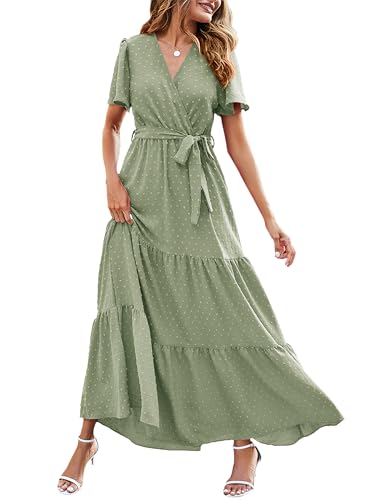 MASCOMODA Women Boho Swiss Dot Maxi Dresses Wrap V Neck Flutter Short Sleeve Solid Tie Waist A Line Tiered Flowy Long Dress(Light Green,Large)