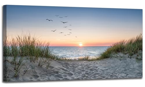 RUIFENGL Sunset Beach Wall Art for Living Room Golden Sunlight Seagulls Sand Dune Blue Ocean Seascape Picture HD Print On Canvas for Office Home Decoration Framed Ready to Hang 20"x 40"