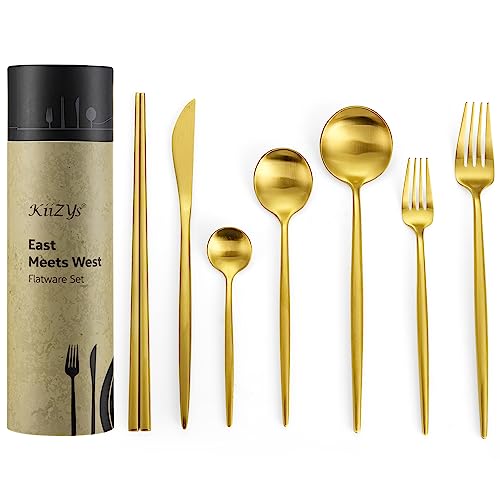 KiiZYs Matte Gold Silverware Set Cutlery Set - 14-piece 18/10 Stainless Steel Flatware Utensil Set - Korean Chopsticks Fork Spoon Knife - Reusable Dishwasher Safe - Gift Box (Gold, Service for 2)