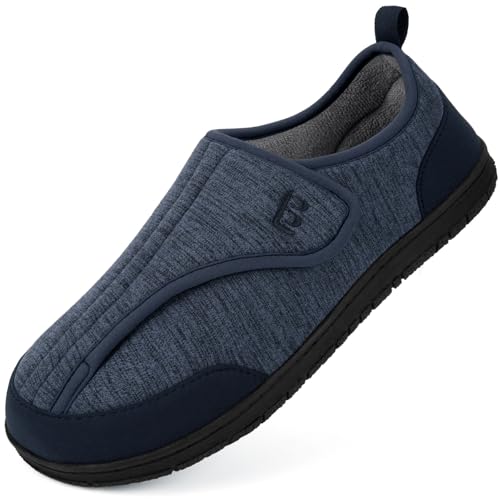 LongBay Men's Wide Slippers Adjustable Diabetic House Shoes Comfy Swollen Edema Slippers Indoor Outdoor Navy Blue 12