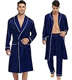 SWOMOG 3 Pcs Men's Satin Robes with Shorts and Pants Set Lightweight Sleepwear Silky Kimono Bathrobe