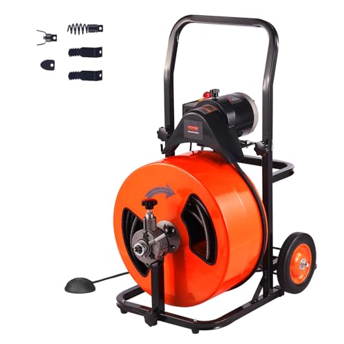 VEVOR 100FT x 3/4 Inch Drain Cleaning Machine Sewer Auger Auto Feed with 4 Cutter & Air-activated Foot Switch for 4" to 8" Pipes, Orange, Black
