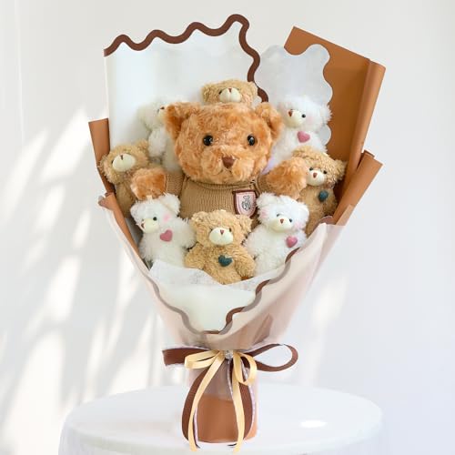 Cute Bear Bouquet - Plush Toy Bouquet with Cute Soap Flower - Handmade Toy Bouquet for Any Occasions, Birthday, Bridal Shower, Graduation etc. (8 Little Bears)