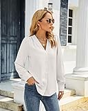 Women's Business Casual Tops Summer Long Sleeve Silk Button Down Shirts V Neck Chiffon Blouses A-White