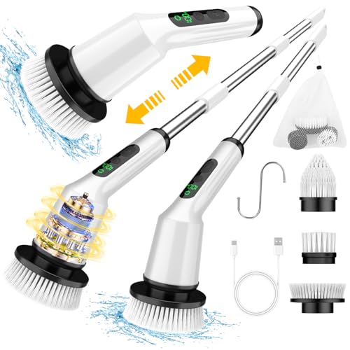 Electric Spin Scrubber for Cleaning Bathroom, Shower Scrubber Cordless Cleaning Brush with IPX7 Waterproof & 2 Speed, 5 in 1 Cleaning Brush Cleaning Supplies for Shower Tub Kitchen Tile Toilet White