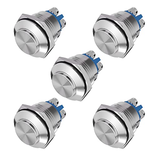 APIELE 16MM Momentary Push Button Switch 16mm Momentary Push Button Switch High Round Cap Waterproof Stainless Steel High Flush Screw Terminals 250V AC 5A 12V 36V DC 2A 1NO SPST (5pcs Silver)