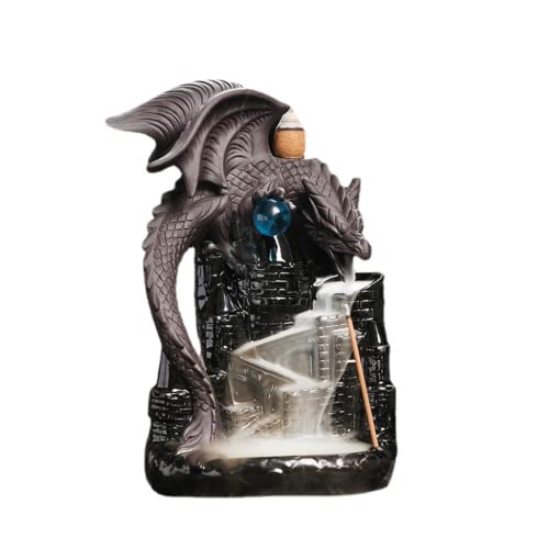 FIYOEO Creative Pterosaur Backflow Incense Holder Ceramic Castle Fly Dragon Waterfall Smoke Censer Incense Stove Decorative Craft (Black)