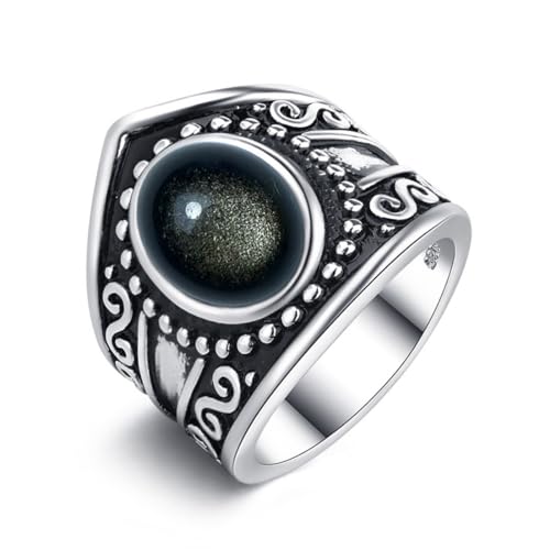 HAIXIAN Natural Black Obsidian Wide Band Ring,Retro S925 Sterling Silver Statement Thumb Index Chunky Band Ring,Cocktail Party Bohemian Ring Jewelry for Women, Silver, No Gemstone