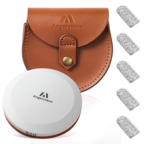 Angerstone Axe Sharpener - 3.8”Oversized Axe/Hatchet Sharpening Stone - Whetstone Blade & Tool Sharpener, Dual Grit 180/320 Sharpening Puck with cowhide Sheath for Bushcraft, Camping and Field Use