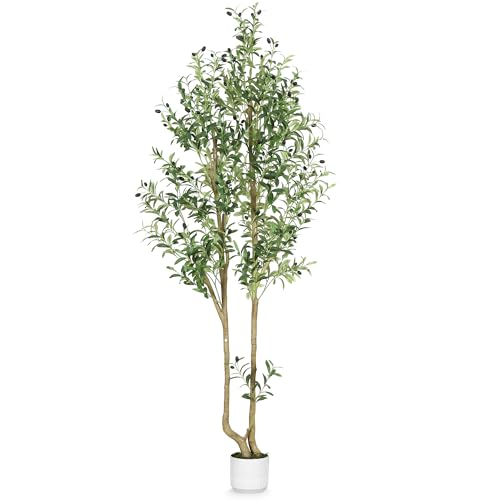 HZXGCP Olive Tree Olive 7 feet, Artificial Olive Tree with White Pot, Fake Tree with 1882 Dense Leaves & 96 High-Simulated Olive Fruits - Easy Assembly, Low Maintenance (Olive Tree 7ft)