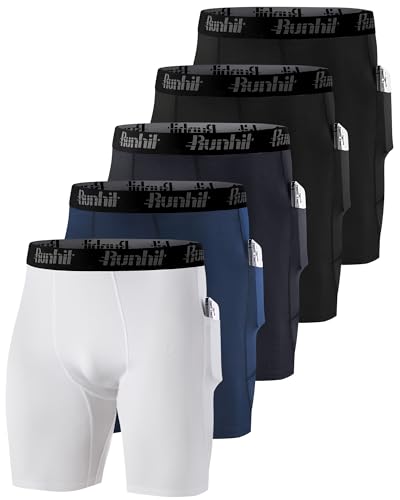 Runhit 5 Pack Men's Compression Shorts with Pockets Athletic Running Spandex Shorts Sports Workout Performance Base Layer Underwear 2Black+1White+1Gray+1Navy Blue M