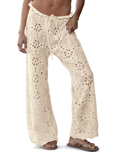 Saodimallsu Womens Crochet Swimsuit Coverup Pants High Waisted Drawstring Sexy Sheer Mesh Knit Wide Leg Beach Pants Beige
