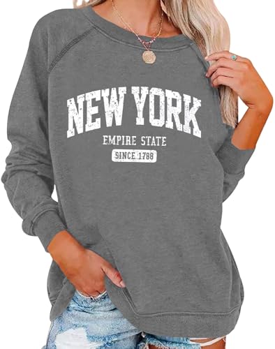Vdnerjg Women's New York Letter Print Sweatshirt Crewneck Long Sleeve Casual Loose Fit Pullover Shirt Light Grey