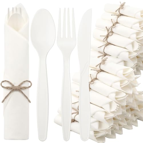 Honeydak Pre Rolled Napkin Cutlery Set (200pcs, 50set) 100% Compostable Utensils 7" Large Disposable Utensils Wrapped Forks Knives Spoons Napkins Cornstarch Biodegradable Silverware Cutlery for Party