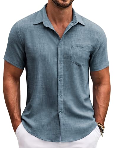 COOFANDY Mens Hawaiian Shirts Short Sleeve Summer Beach Shirt Textured Wedding Lightweight Shirt Dark Blue