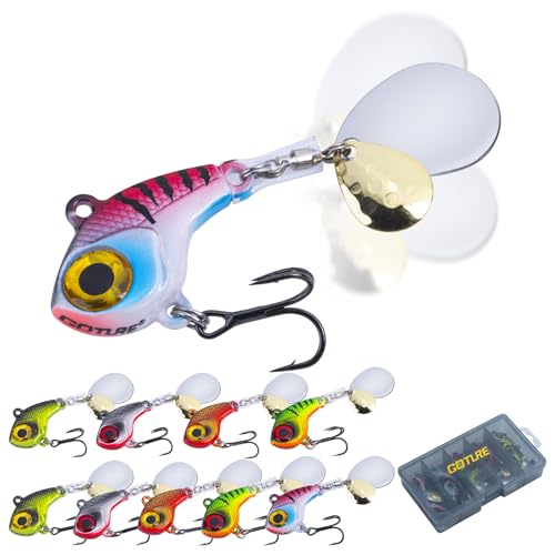 Goture Fishing Lures VIB Tail Spinners Bait Set, Two-Way Spinning Spoon System with Kona Treble Hook, Fixed Tube Anti-Tangle, 3D Eyes Sinking Lures with Tackle Box, Fishing Spinner Blade 10 Pcs 1/2Oz