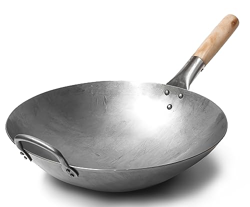 Craft Wok Traditional Hand Hammered Carbon Steel Pow Wok with Wooden and Steel Helper Handle (14 Inch, Round Bottom) / 731W88