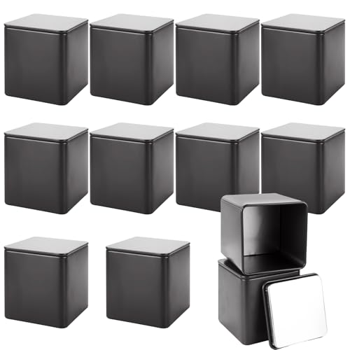 WOPPLXY 12 Pack Square Black Metal Tins, Small Tea Tin Canisters, 3 Oz Loose Leaf Tea Storage Containers with Airtight Lids, Square Tea Containers for Loose Teas, Herbs, Coffee, Cube Sugar