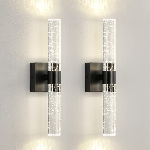 CCYCOL Black Modern LED Wall Sconce - 18 Inch Wall Sconces Set of Two 4000K Dimmable Crystal Sconce Wall Lighting Indoor Wall Mount Bathroom Vanity Light Fixtures for Bedroom Living Room, 12W
