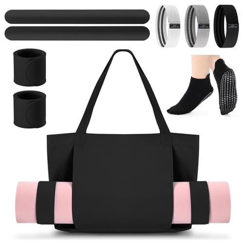 Halloscume Yoga Bag Set for Women Including Yoga Mat Tote Bag Booty Resistance Band Non Slip Sports Socks Silicone Mat Ties for Pilates Travel Workout Office(Black)