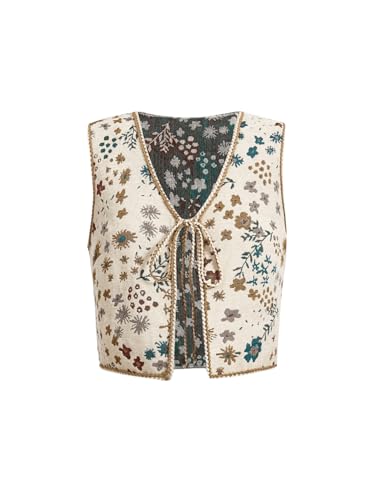 SweatyRocks Women's Floral Print V Neck Vest Tie Front Sleeveless Boho Vests Tops Apricot Large