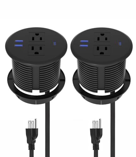 2 Pack Desktop Power Grommet with PD 20W Fast Charging USB-C,Fits 3-1/8" Round Desk Grommet Holes.Meeoueoiu Recessed Round Power Grommet Outlet with 2 USB-A Ports,2 AC Outlets,6.5-FT