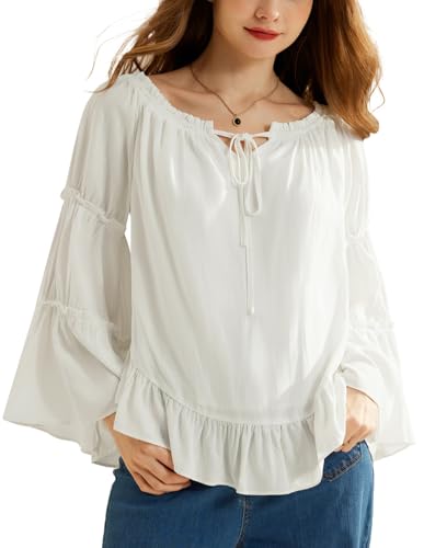 Scarlet Darkness Women's Renaissance Pirate Shirt Off The Shoulder Tops Bell Sleeve Boho Shirt BlousesIvory M