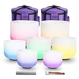 Leize Chakra Tuned 432hz Set of 7 Gradient Color Quartz Crystal Singing Bowls 6-12 inch with Heavy Duty Carrying Cases and Singing Bowl Mallets