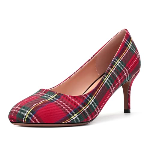 ROSERWISH Women's Mid Heel Party Sexy Round Pump Stiletto Slip On Elegant Pumps Dress Shoes Red Plaid Size 7 - Zapato Tacon