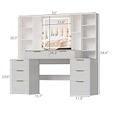 FURNJOYLIFE Large Makeup Vanity Desk with Lighted Mirror & Power Outlet,Dresser Table with 3 Lighting Modes Brightness Adjustable,Drawers,Shelves,Hair Dryer Stand for Bedroom,White (No Stool)