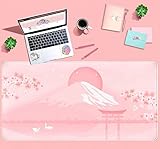 Cherry Blossom Mouse Pad Kawaii Pink Floral Desk Mat, Japanese Pastel Sakura Large Anime Gaming Mousepad XXL, Cute Aesthetic Mount Fuji Japan Keyboard Mats for Women Office Desk Pads 31.5"x15.75"