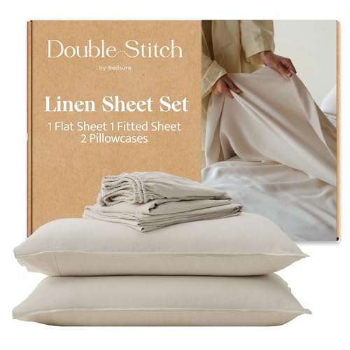 Double Stitch European Flax Linen Sheets Queen - Breathable Linen Blend Bedding Set 4 PC, Sustainable, Moisture-Wicking & Cooling Sheet Set, Deep Pocket Up to 16'', Featured in USA Today, Oat