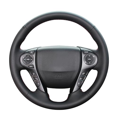 MEWANT Customized Hand-Stitched Black Genuine Leather Steering Wheel Cover Wrap for Honda Accord 9 2013-2017 Crosstour 2013-2015