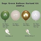 207Pcs Sage Green Balloons Garland Arch Kit, with Olive Green White Metallic Gold Balloons for Wedding Bridal &Baby Shower Bachelor Baptism Birthday Party Decorations Supplies