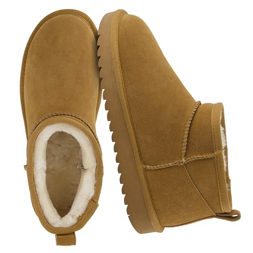 CUSHIONAIRE Women's Hip 2 Genuine Suede Ankle Snow Boots - Pull-On with Cozy Faux Shearling Lining, +Memory Foam, Ankle Boots For Women, Chestnut 8.5