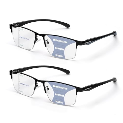 ZERPEET 2 Pack Men's Progressive Multifocal Reading Glasses,Half Rim Metal Frame TR90 Temples Blue Light Blocking Anti Eyestrain Multifocus Computer Readers,1.5x