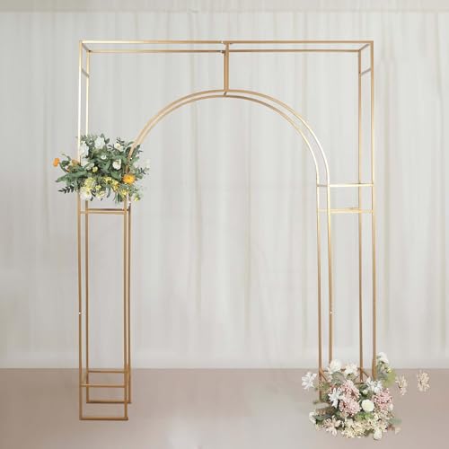 Efavormart Heavy Duty Gold Metal Rectangular Wedding Arch in Arc de Triomphe Style, 3D Floral Balloon Frame Backdrop Stand - 7ft