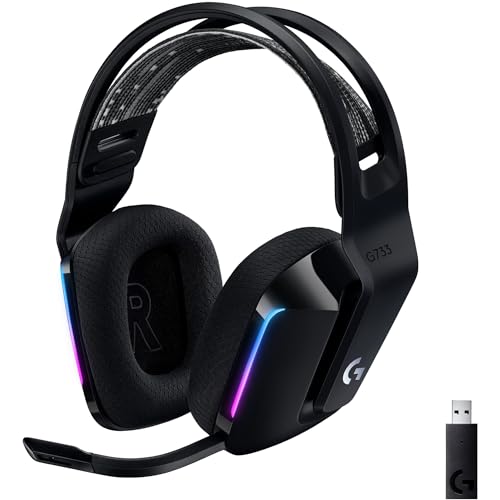 Logitech G733 Lightspeed Wireless Gaming Headset with Suspension Headband, LIGHTSYNC RGB, Blue VO!CE mic Technology and PRO-G Audio Drivers, Lightweight, 29 Hour Battery Life, 20m Range - Black