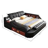 WAQINBR Multifunctional King Size Bed Frame, Modern Luxury Smart Bed with Massage Recliner/Music Speaker/USB Port/Storage Drawers, Adjustable Leather Upholstered Headboard, Black