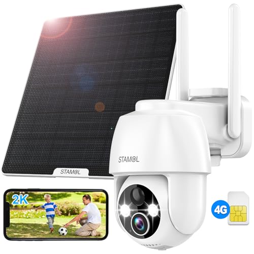 4G LTE Cellular Solar Security Camera, Wireless Outdoor Solar Powered Camera No WiFi Needed, 2K Color Night Vision, 360° Full View, PIR Motion Detection & Siren, 2 Way Talk (SIM Card Included)