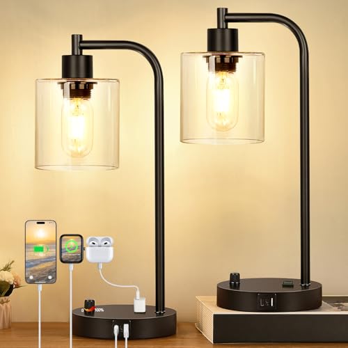 Set of 2 Industrial Table Lamps with 2 USB Port, Fully Stepless Dimmable Bedside Lamps for bedrooms, Nightstand Desk Lamp with Seeded Glass Shade for Reading Living Room Office 2 LED Bulb Included