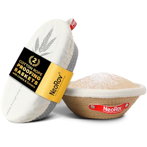 NeoRov Banneton Bread Proofing Basket Set - Oval & Round Sourdough Proofing Baskets - Sourdough Proofing Bowls Bread Baking Supplies With Liner & Cloth Cover - Cotton Rope Banneton Basket for Baking